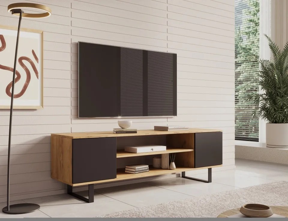 Comodă TV TV Lofter Herringbone cm – 155x40x49 cm – Oak Craft / Negru