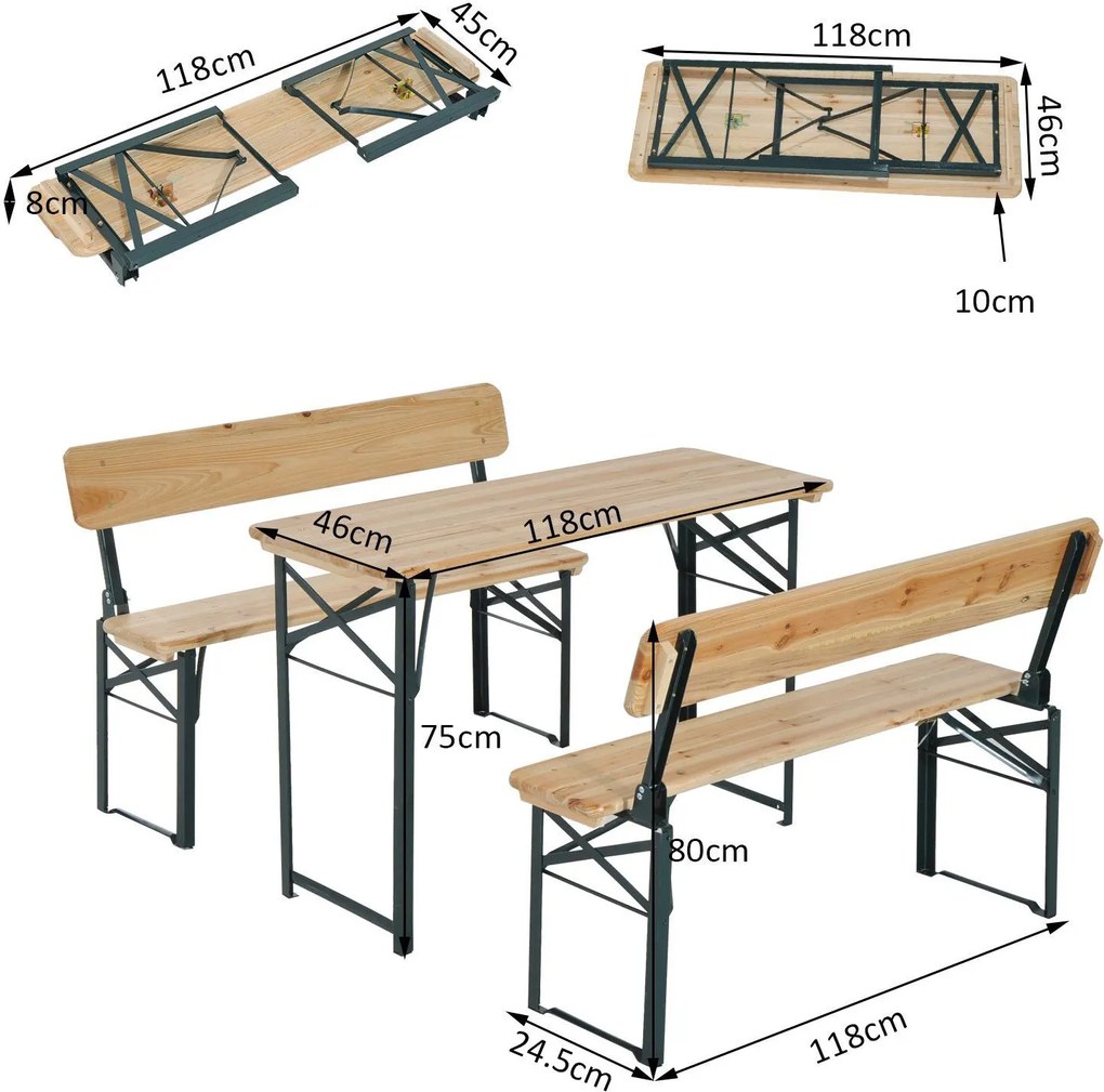 Outsunny Set Berarie de Extern Masa si 2 Banci cu Spatar Pliabil in Lemn de Brad
