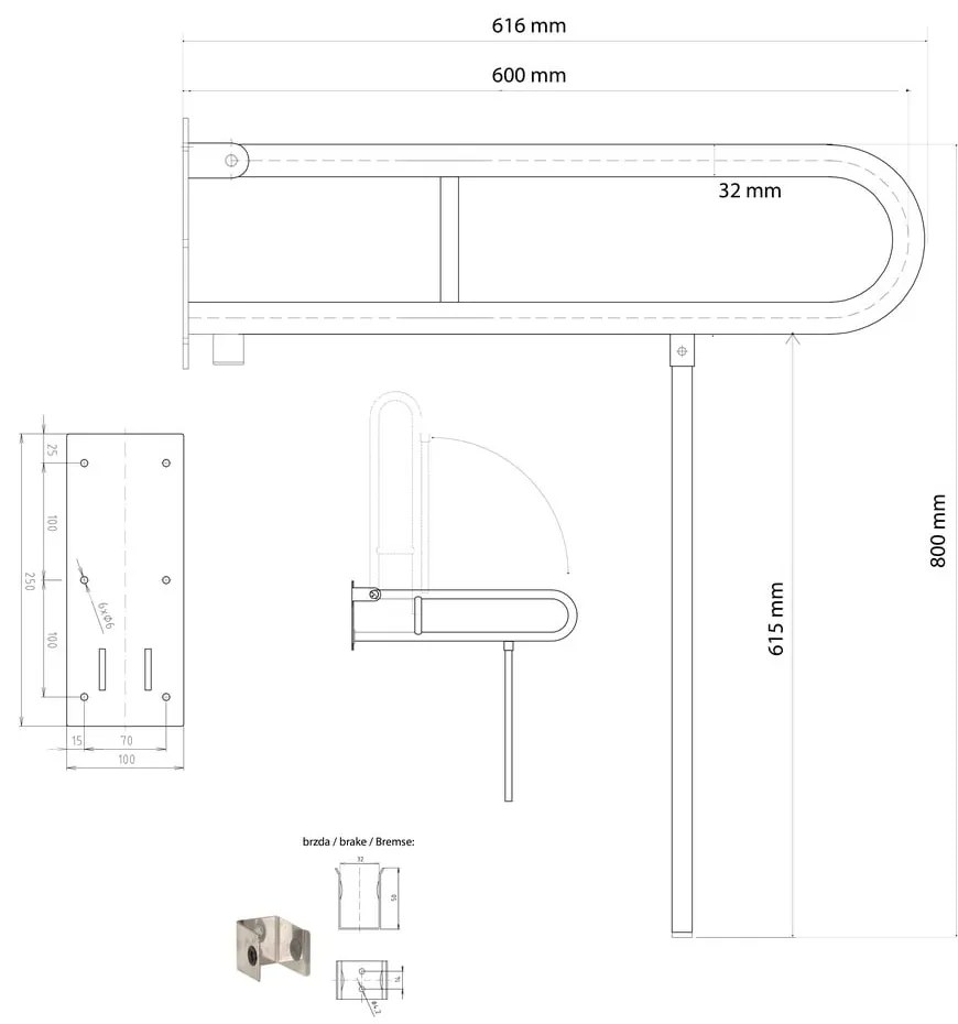 Mâner de siguranță pentru baie de montat pe perete din oțel 62 cm Handicap – Sapho