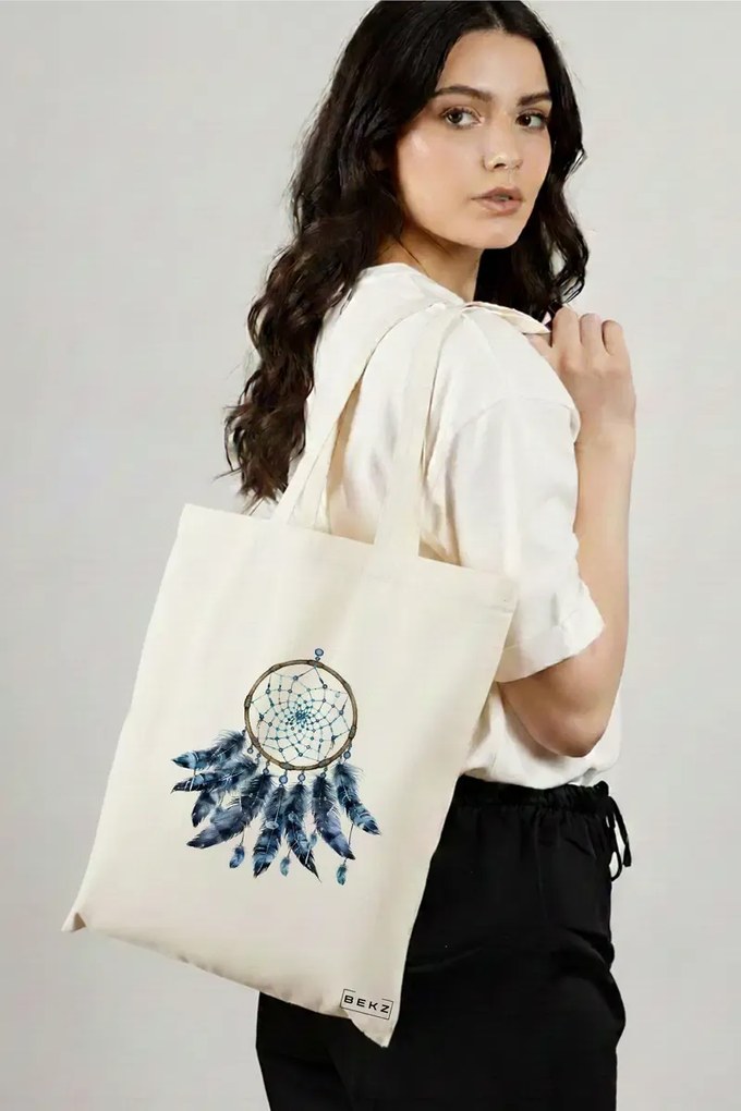 Sacosa de Panza pentru Cumparaturi, Geanta Tote, model Dreamcatcher 38 x 34.5 cm, Alba, BEKZ®