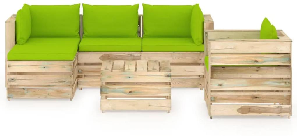 Set mobilier de gradina cu perne, 6 piese, lemn verde tratat bright green and brown, 6