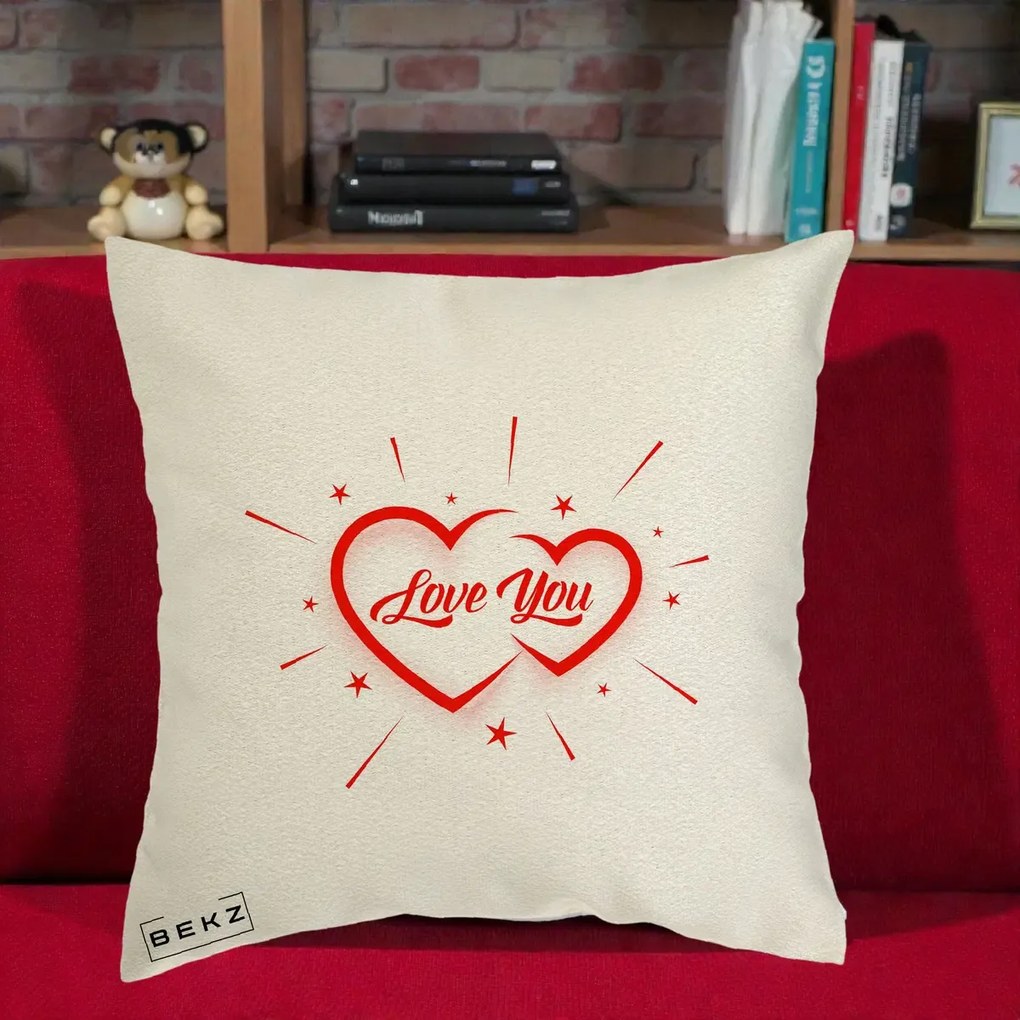 Cadou Romantic - Perna Personalizata Love You Doua Inimi, 40x40 cm, Ecru, Husa Detasabila, Perna Inclusa, BEKZ®