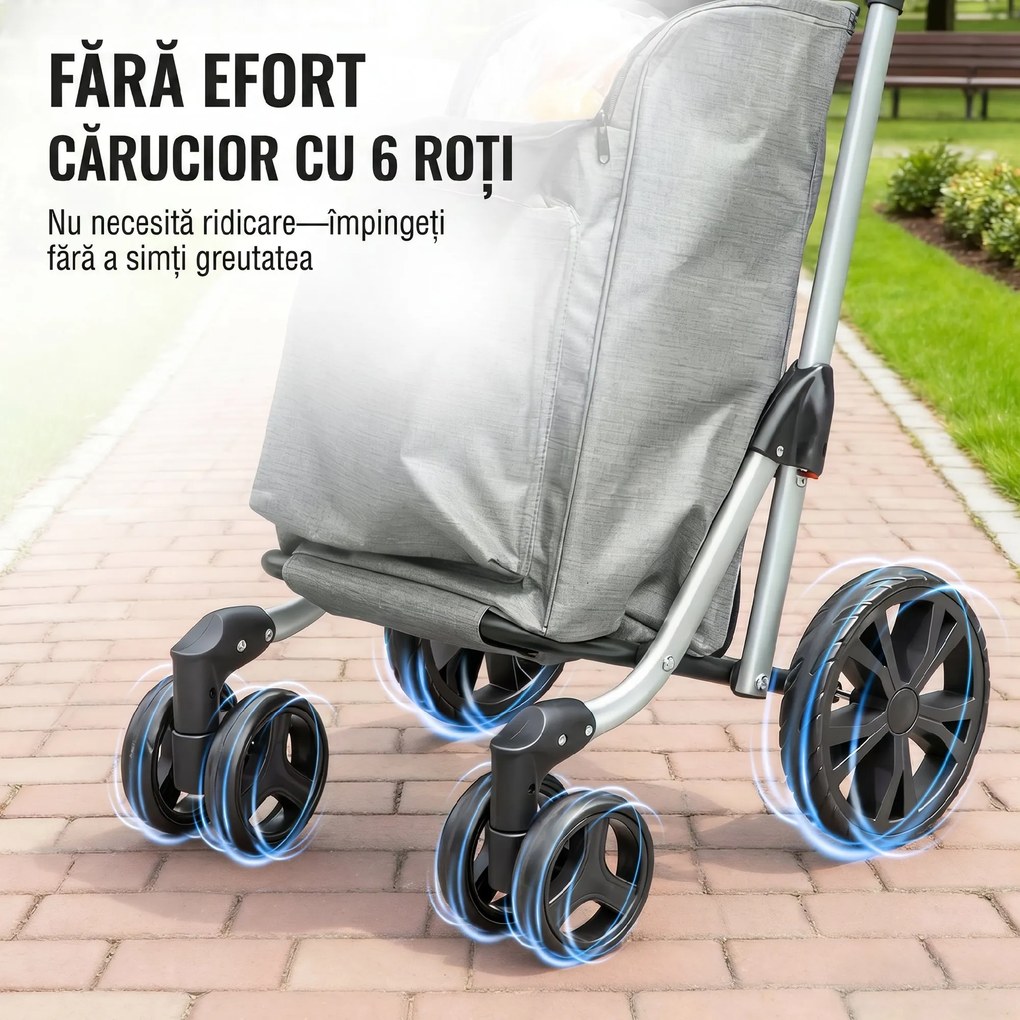 HOMCOM Cărucior de Cumpărături Pliabil din Aluminiu cu Roți, Geantă de 46L, Compartiment Frigorific, Mâner Reglabil, Gri | Aosom Romania