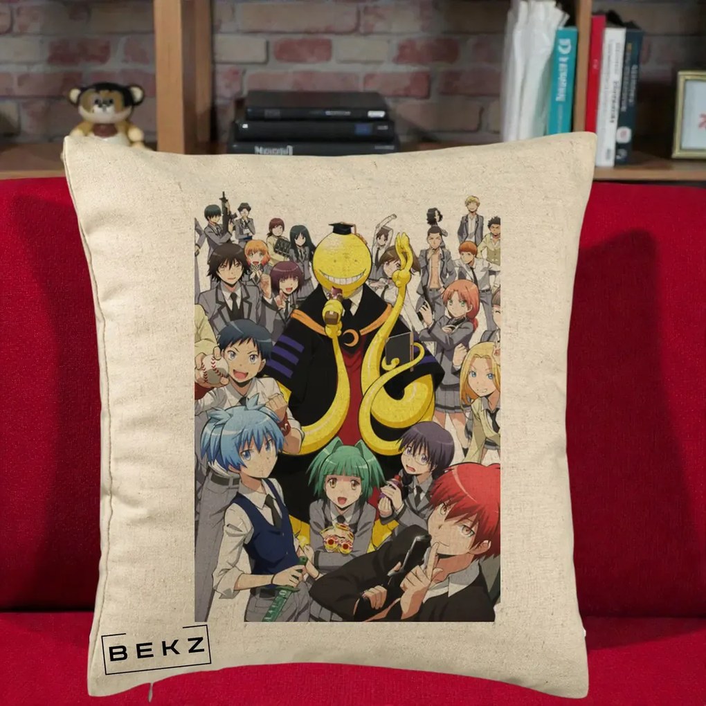 Perna Personalizata Assassination Classroom Grup Complet Anime, 40x40 cm, Bej, Husa Detasabila, Perna Inclusa, BEKZ®