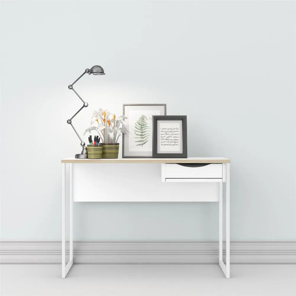 Birou alb EFREM PLUS 513 cu 1 sertar si blat cu decor de stejar
