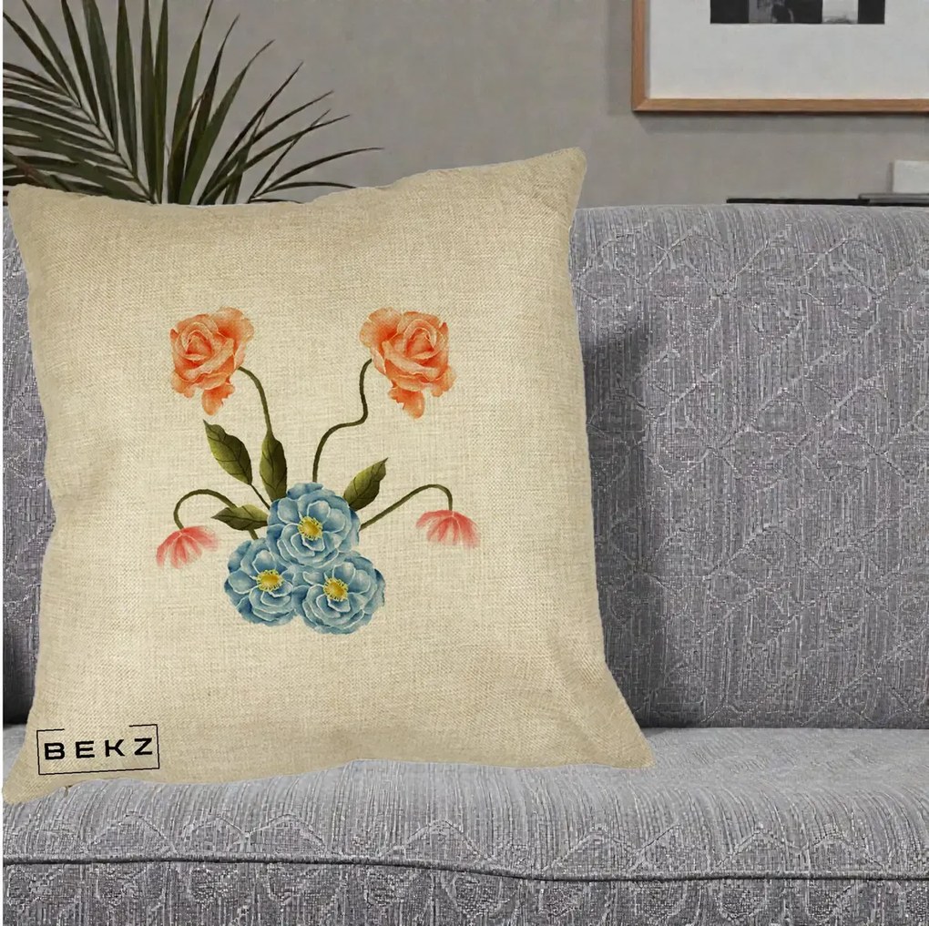Perna Decorativa Trandafiri si Bujori Acuarela, 40x40 cm, Crem, Husa Detasabila, Perna Inclusa, BEKZ®