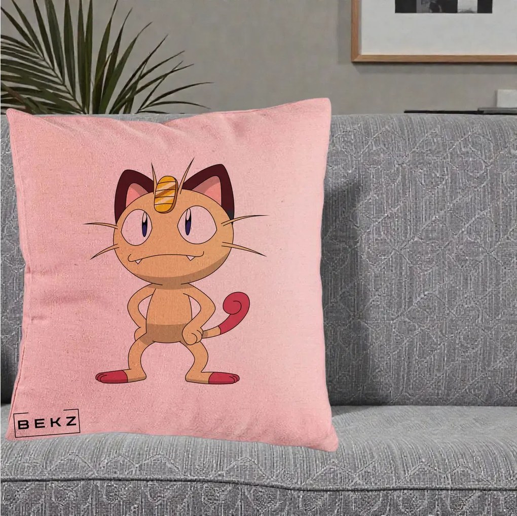 Perna Personalizata Meowth Pokemon, 40x40 cm, Roz, Husa Detasabila, Perna Inclusa, BEKZ®