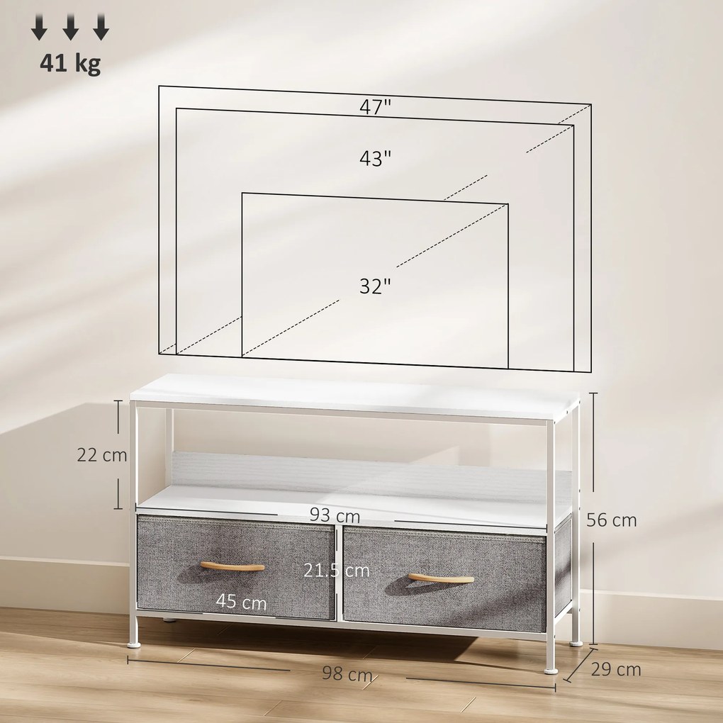HOMCOM Mobilier TV pentru 47" cu Sertare Pliabile din Material Textil și Raft din Metal și MDF, 98x29x56 cm, Negru | Aosom Romania