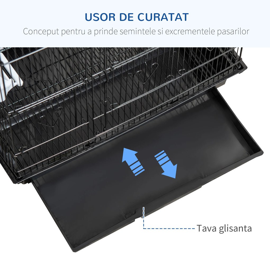 PawHut Colivie pentru Papagali cu Stinghii, Leagan și Boluri, Volieră din Metal și Plastic, 46.5x35.5x92 cm, Negru | Aosom Romania