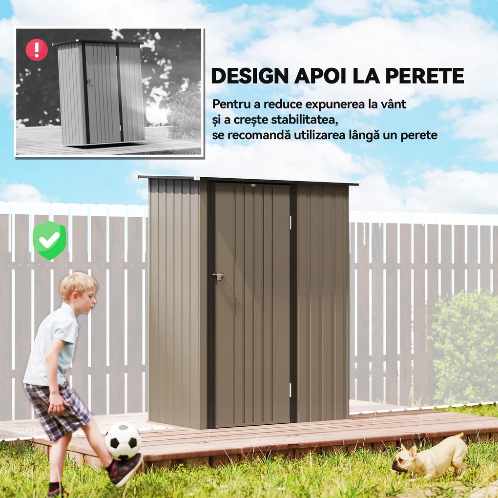 Outsunny Căsuță de Grădină 1.07m² din Oțel Zincat, Depozit pentru Unelte cu Ușă Blocabilă, Acoperiș Înclinat, 142x86x189 cm, Maro | Aosom Romania