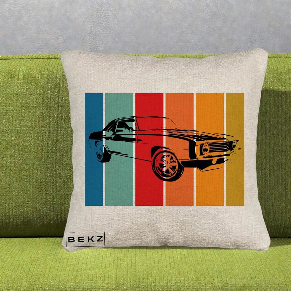 Perna Personalizata Masina Retro Muscle Car Grafic, 40x40 cm, Bej Canapea, Husa Detasabila, Perna Inclusa, BEKZ®