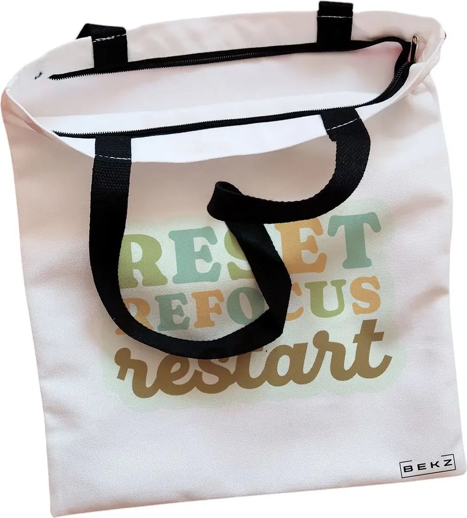 Sacosa de Panza pentru Cumparaturi, Geanta Tote, model RESET REFOCUS RESTART, Cu fermoar, 38x34.5 cm, Alba, BEKZ®
