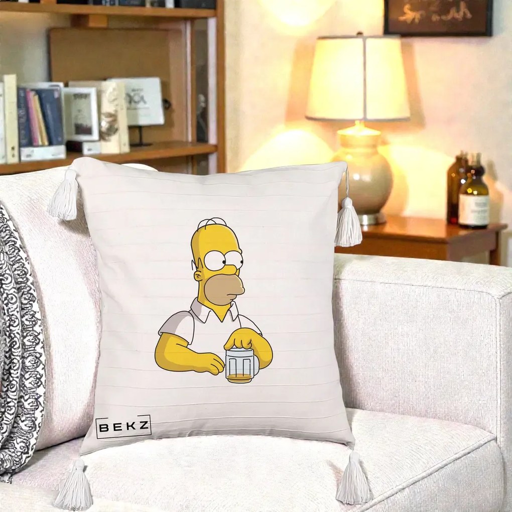 Perna Personalizata Homer Simpson cu Bere, 40x40 cm, Bej cu Franjuri, Husa Detasabila, Perna Inclusa, BEKZ®