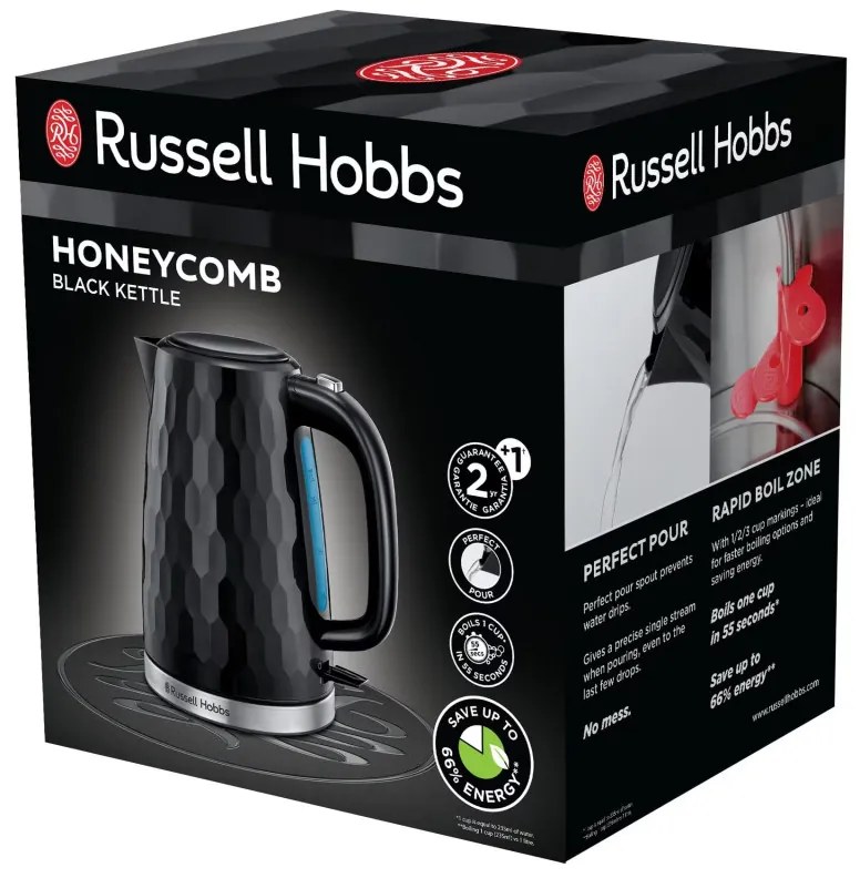 Cana electrica Russell Hobbs Honeycomb 26051-70, 2400 W, 1.7 L, Fierbere rapida, Negru