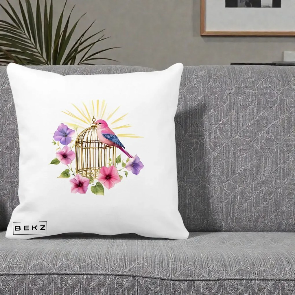 Perna Decorativa Pasare Roz pe Colivie Aurie cu Flori, 40x40 cm, Alba Mata, Husa Detasabila, Perna Inclusa, BEKZ®