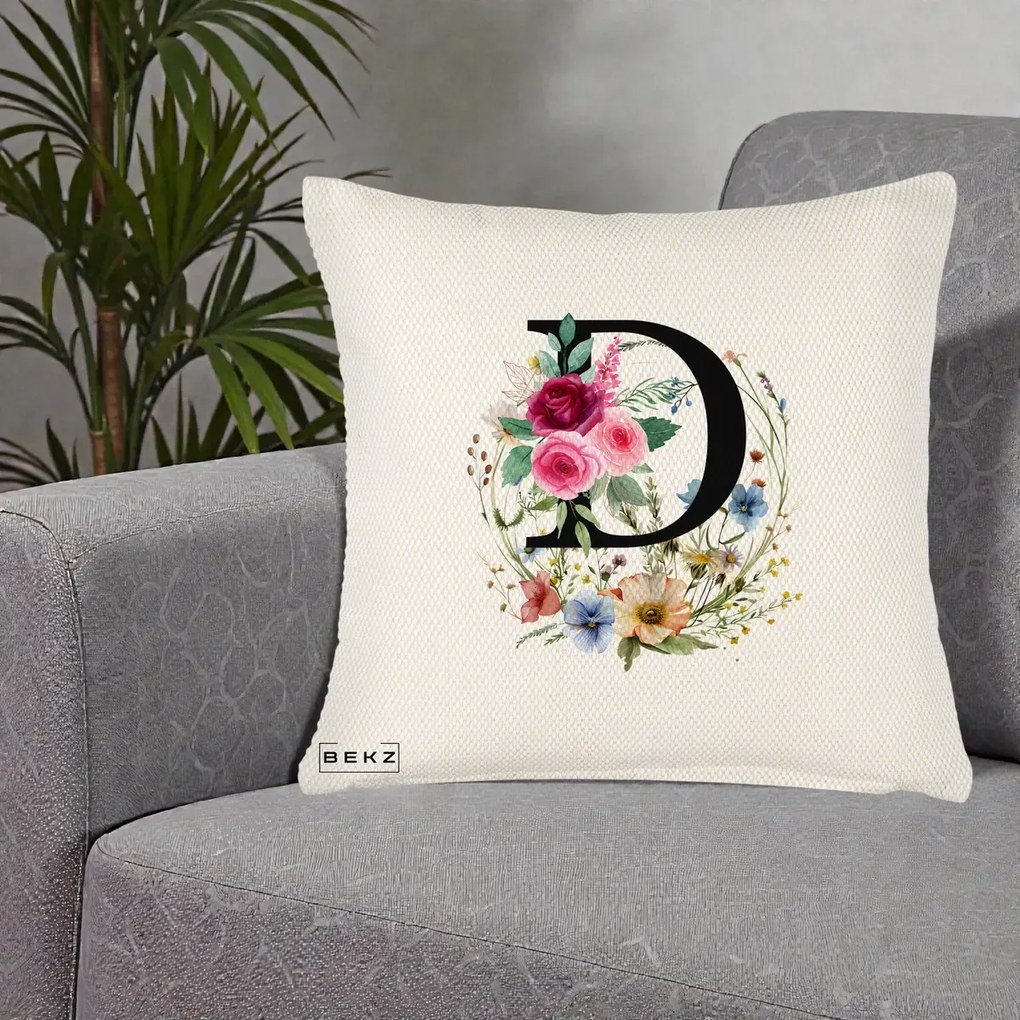 Cadou Personalizat - Perna Personalizata Monogram Litera D cu Flori Acuarela, 40x40 cm, Crem Reliefat, Husa Detasabila, Perna Inclusa, BEKZ®