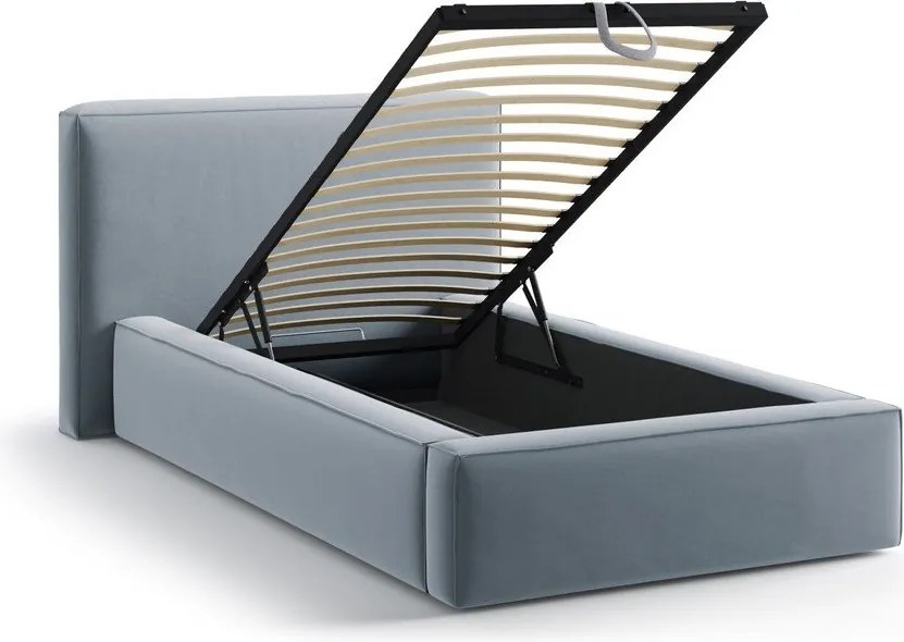 Pat albastru deschis tapițat cu spațiu de depozitare cu somieră 90x200 cm Jodie – Micadoni