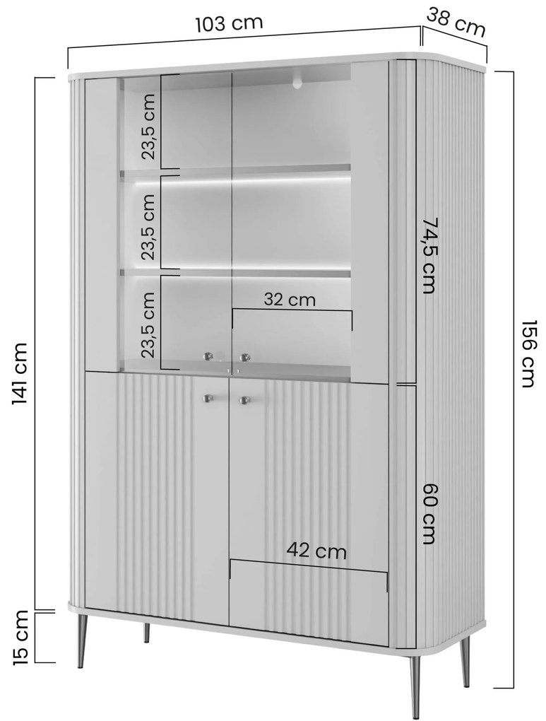 Vitrină Vesper 103 cm cu 4 uși - cașmir / picioare aurii