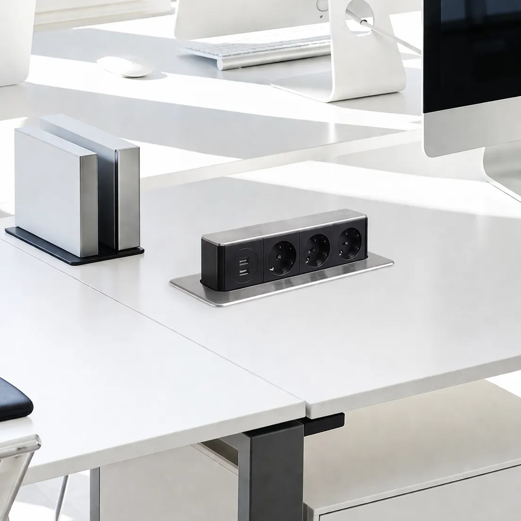Priza incorporabila in blat Hop Box Design Light, 3 prize Schuko, USB A + C, otel inoxidabil periat   negru, 273 x 93 mm Metal Plastic, Otel