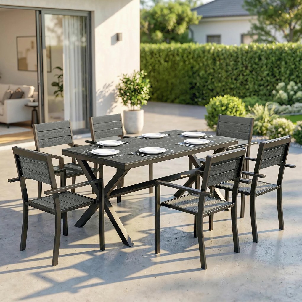 Outsunny Set de Masă pentru Exterior 7 Piese pentru 6 Persoane, Masă și Scaune Stivuite cu Lamele Efect Lemn, Cadru din Aluminiu, Gri | Aosom Romania