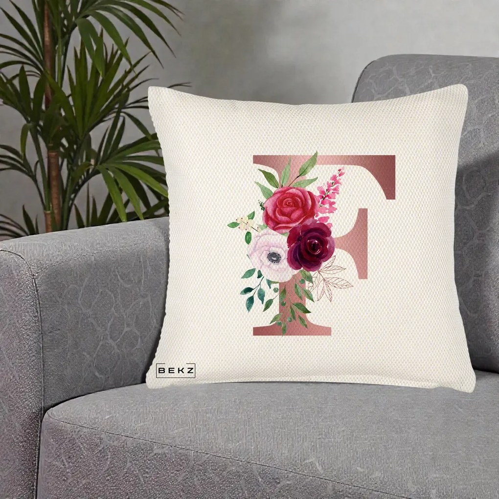 Cadou Personalizat - Perna Personalizata Monograma Rose Gold Litera F, 40x40 cm, Crem Reliefat, Husa Detasabila, Perna Inclusa, BEKZ®