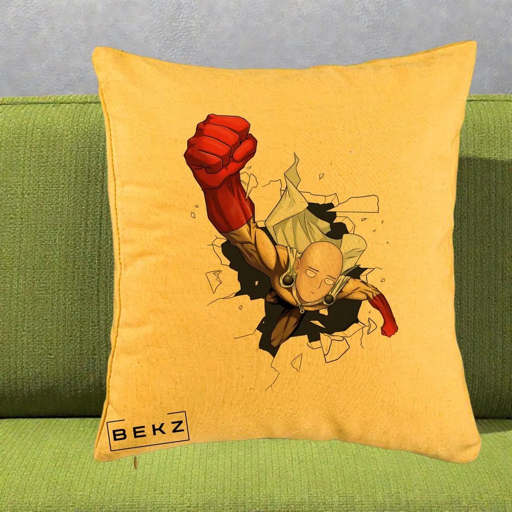Perna Personalizata One Punch Man Saitama Pumn, 40x40 cm, Galben, Husa Detasabila, Perna Inclusa, BEKZ®