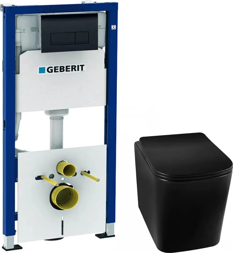 Pachet vas wc suspendat rimless Balneo Luga, capac softclose, rezervor si clapeta Geberit Duofix Delta negru