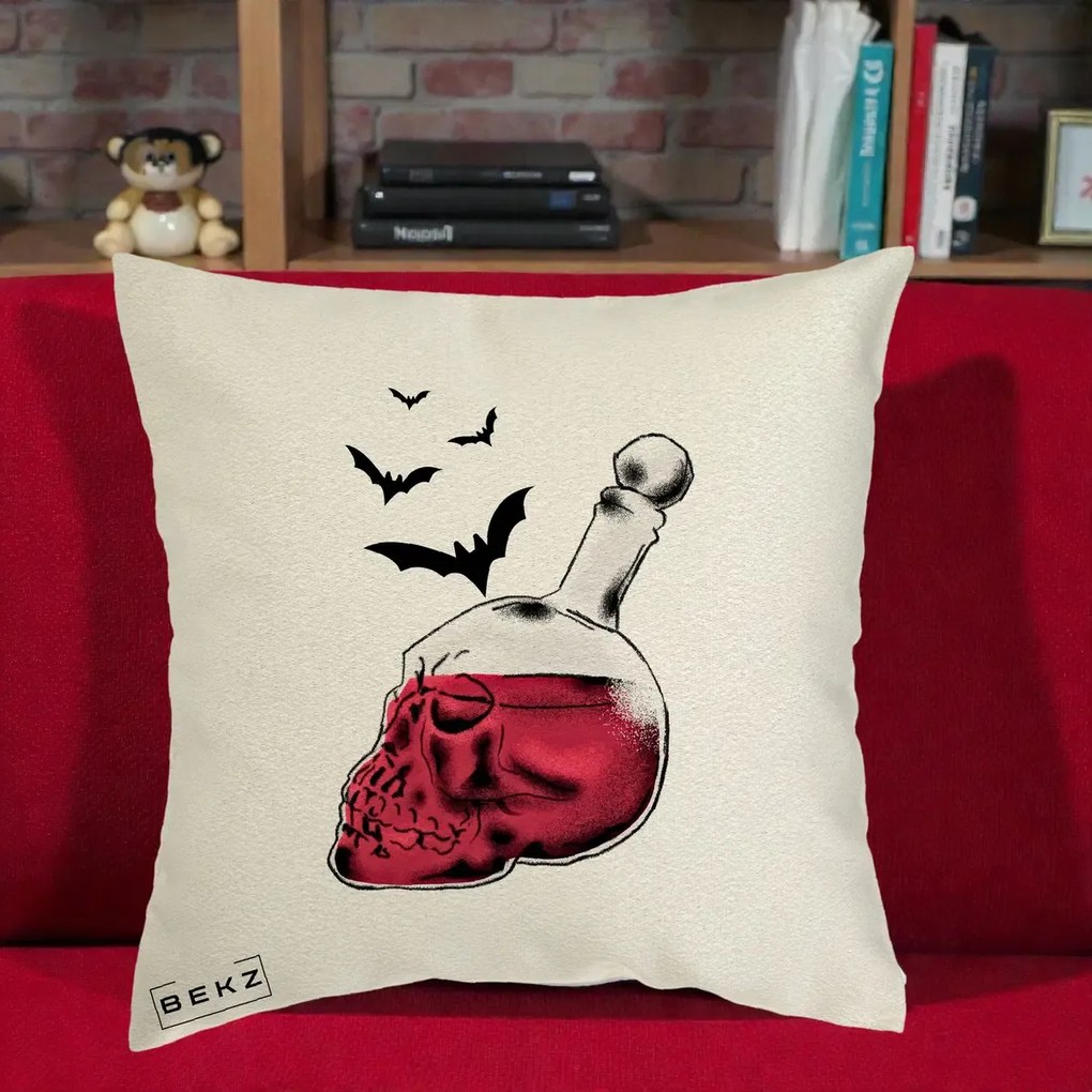 Perna Decorativa Halloween Craniu-Sticla cu Lilieci, 40x40 cm, Ecru, Husa Detasabila, Perna Inclusa, BEKZ®