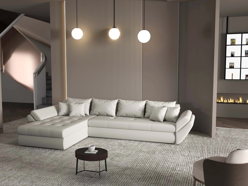 Colțar extensibil dumonde cu ladă de depozitare si sezut confortabil din spuma high-density, Loana XL Enjoy Beige 335x185 cm