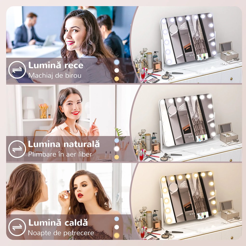 HOMCOM Oglindă Machiaj cu 15 LED-uri din Sticlă și Metal Alb | Aosom Romania