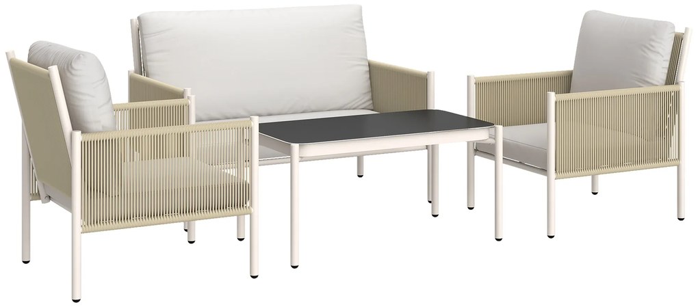 Outsunny Set mobilier de grădină din poliratan Set lounge cu canapea dublă scaun masă de sticlă perne 4 persoane Maro+Gri | Aosom Romania
