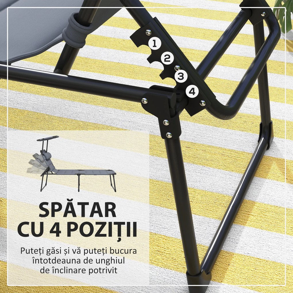 Outsunny Sezlong pentru exterior, Sezlong pliabil reglabil cu spatar cu 4 pozitii, parasolar, tetiera, cu cadru metalic