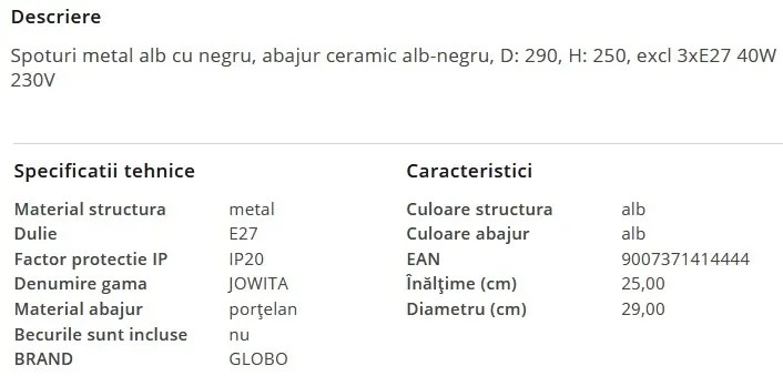 Plafoniera metal stil industrial JOWITA 3 alb-negru