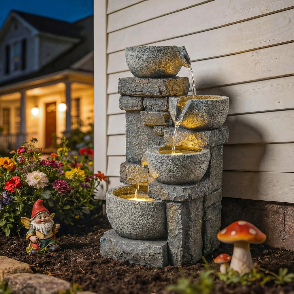 Outsunny Fântână de grădină Cascadă 4 niveluri Decorațiune efect piatră și cărămidă cu iluminare LED 28 x 25 x 54,5 cm Gri | Aosom Romania