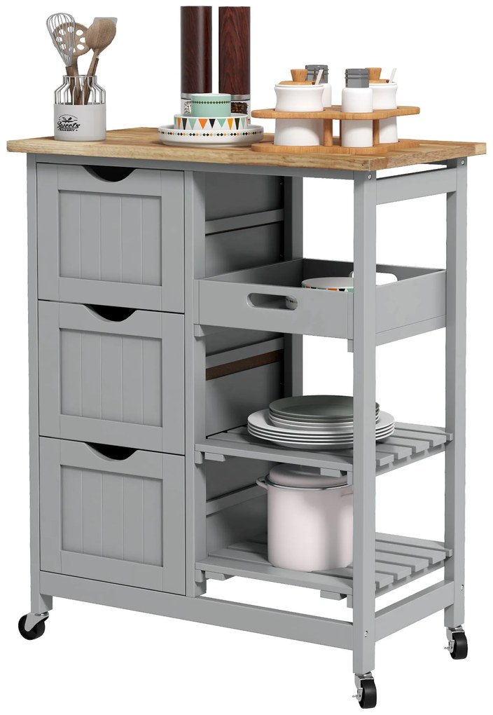 HOMCOM Carucior Auxiliar cu Roti Carucior de Bucatarie cu 3 Sertare 2 Rafturi Deschise si Tava Detasabila 67x37x85,5 cm Gri | Aosom Romania