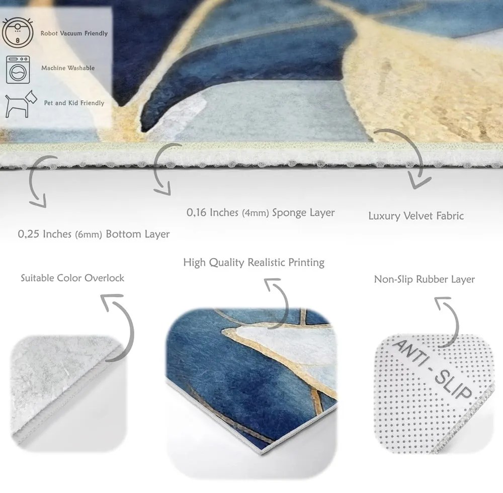 Covor albastru/auriu lavabil 80x150 cm Golden Leaves – Mila Home