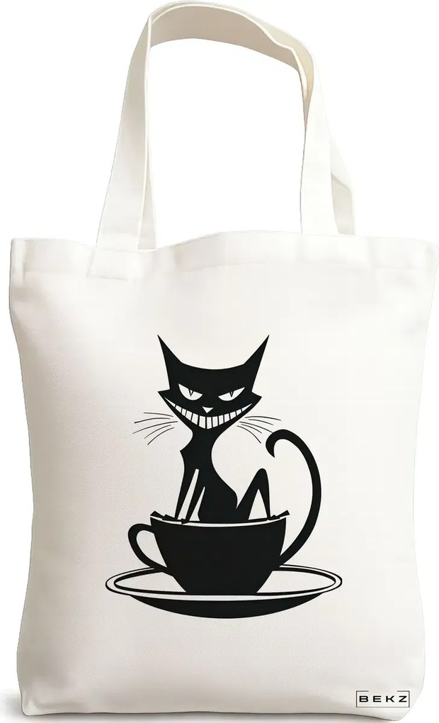 Sacosa de Panza pentru Cumparaturi, Geanta Tote, model Caffeine Cat 11 38 x 34.5 cm, Alba, BEKZ®
