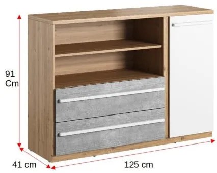 Comoda Piano Cu 1 Usa Si 2 Sertare, Stejar Nash, Alb Si Beton, 125 Cm