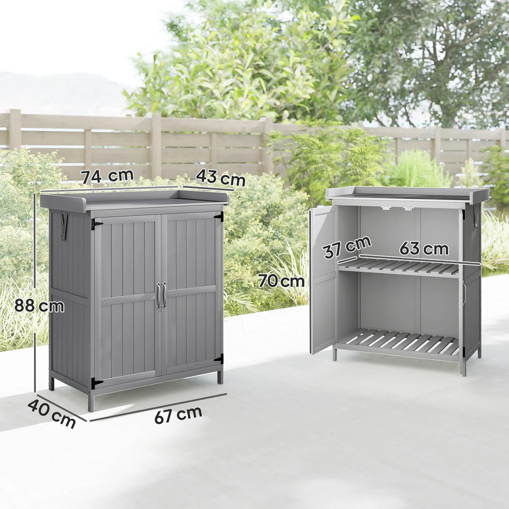 Outsunny Dulap de Exterior, Dulap pentru Ustensile cu Blat din Metal și Raft, Banc de Lucru din Lemn cu 2 Uși pentru Grădină, Terasă, Curte, Gri | Aosom Romania