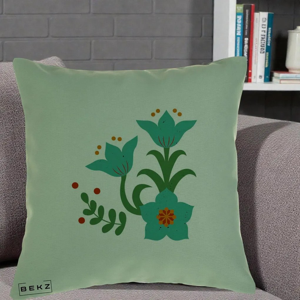 Perna Decorativa Flori Stilizate Folk Turcoaz, 40x40 cm, Verde, Husa Detasabila, Perna Inclusa, BEKZ®