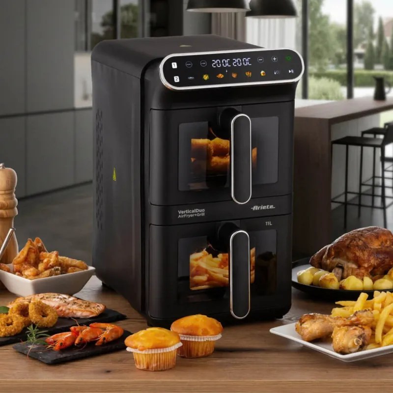 Friteuza cu aer cald dubla Ariete 4640/00, 2460 W, 11 l, 2 cosuri, 6 programe, Ecran tactil, Negru