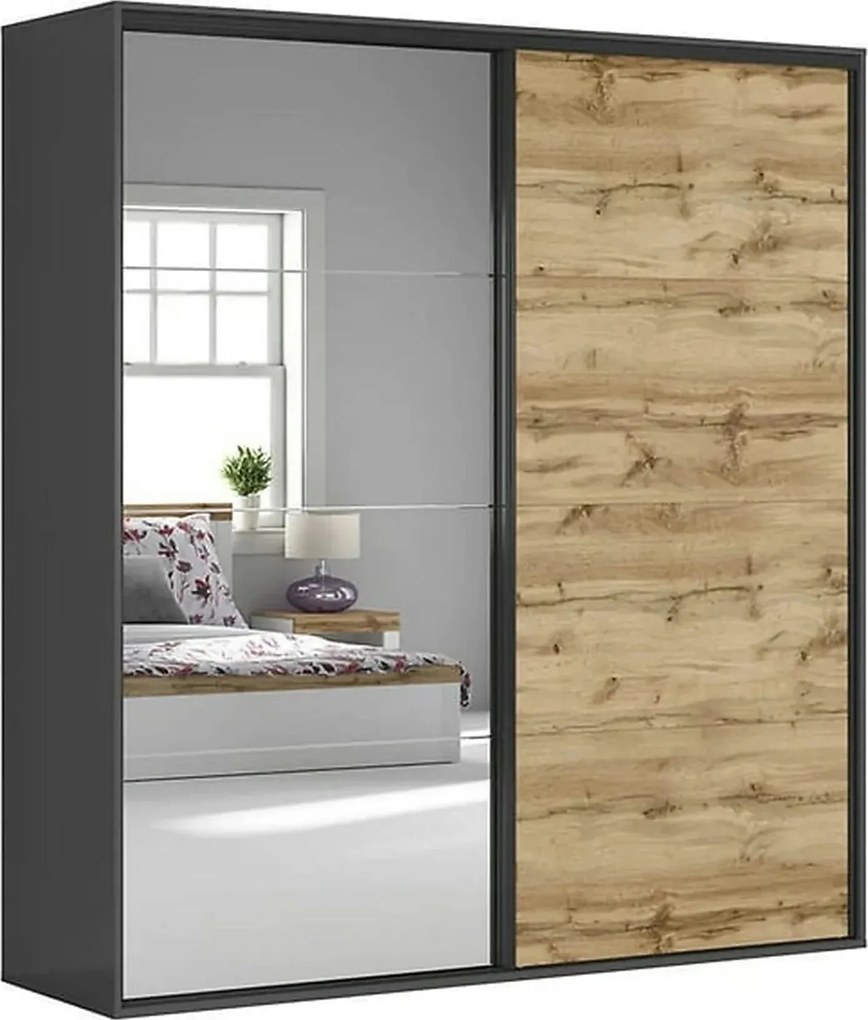 Dressing FLEX, gri grafit/stejar wotan, PAL, cu 2 usi si oglinda, 220x