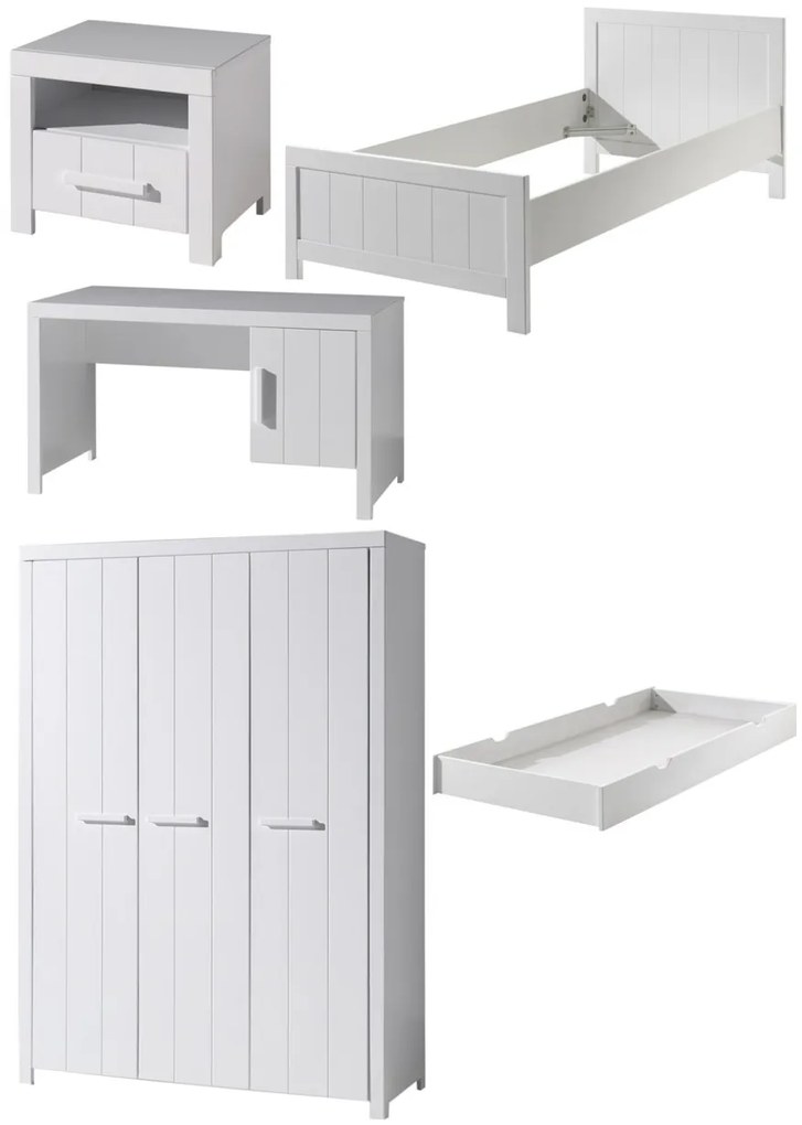 Set Mobilier Cameră Copii ERIK: Pat 90x200 cm, Dulap 3 Uși, Birou, Noptieră și Sertar, Alb – Vipack