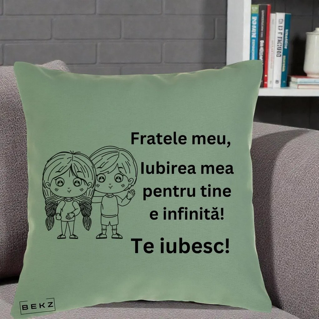 Cadou pentru Frate - Perna Personalizata Fratele Meu Te Iubesc Copii Anime Line Art Negru, 40x40 cm, Verde, Husa Detasabila, Perna Inclusa, BEKZ®