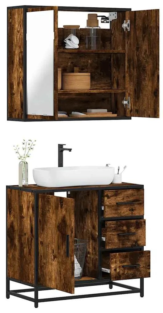 vidaXL Set mobilier de baie, 2 piese, stejar fumuriu, lemn prelucrat