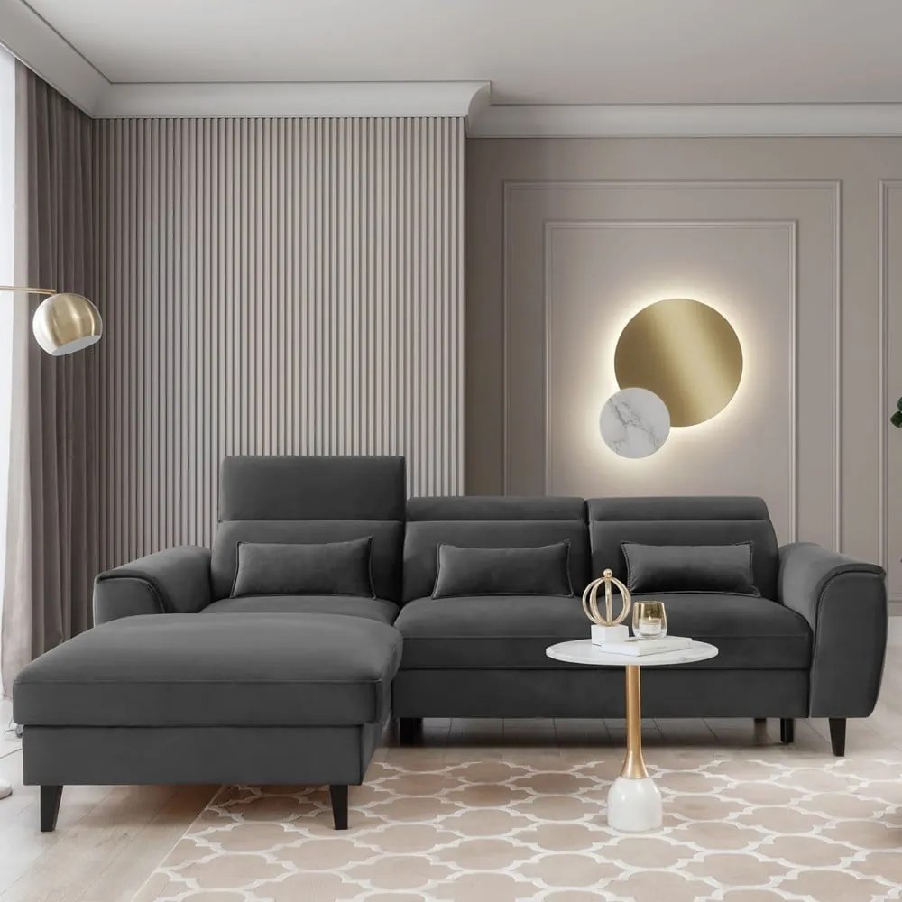 Colțar gri închis extensibil/cu spațiu de depozitare cu tapițerie din catifea (cu colț pe partea stângă/cu șezlong) Foble – ELTAP