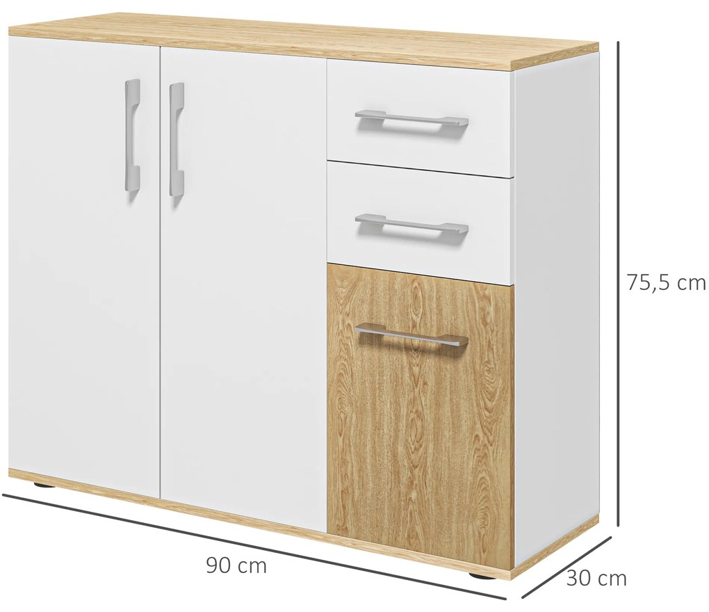 HOMCOM Bufet de Bucătarie cu 2 Sertare 2 Dulapuri și Rafturi Ajustabile pentru Sufragerie 90x30x75,5 cm Alb și Natural | Aosom Romania