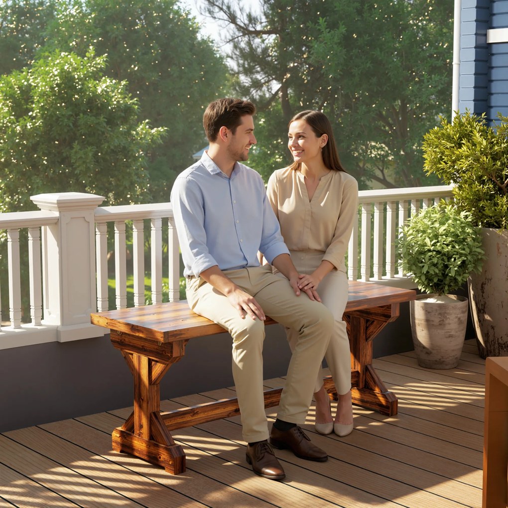 Outsunny Bancă de Grădină cu 2 Locuri din Lemn de Brad cu Bază în Formă de X, Bancă Rustică pentru Exterior Fără Spătar, pentru Patio, Verandă, Balcon, 114L x 40l x 46h cm, Finisaj Carbonizat | Aosom Romania