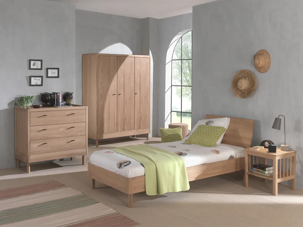 Set Complet Mobilier Camera Copii Forrest Oak, Pat 90x200 cm, Dulap cu 3 Uși, Noptieră și Comodă, din Lemn de Stejar, Natur – Vipack