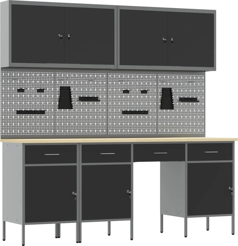 vidaXL Dulap de lucru cu sertar 10 pcs Negru Lemn ingineresc și oțel